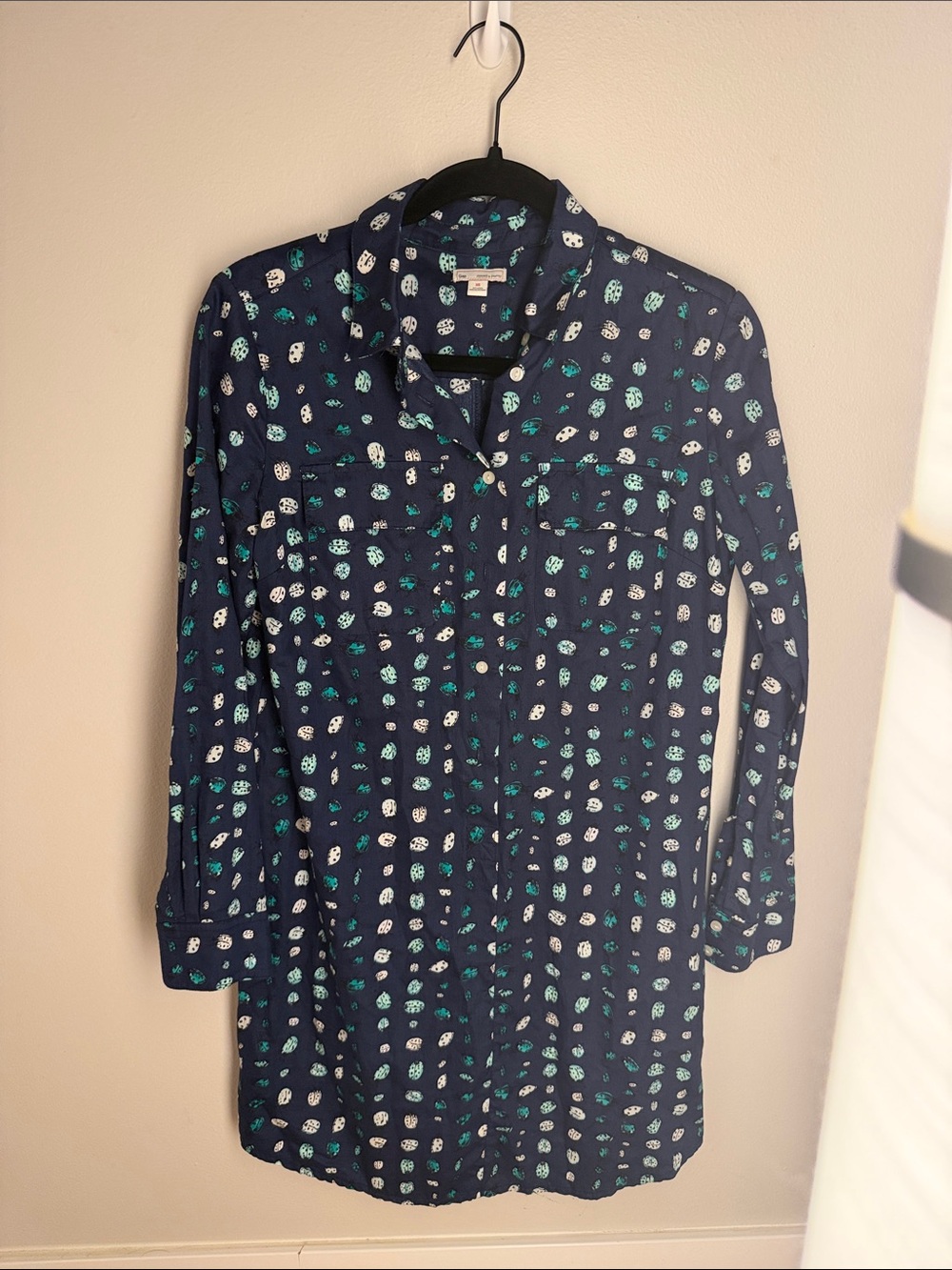 GAP Navy Shirt Dress with Green and White Ladybug Print